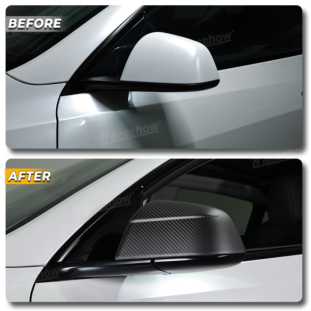 Tesla Model Y Side Mirror Covers Real Carbon Fiber Overlays - Side Angle
