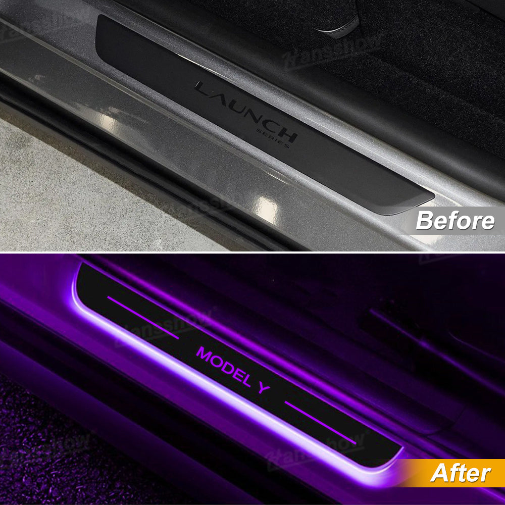 Model Y Juniper RGB Door Sill Plates installed view