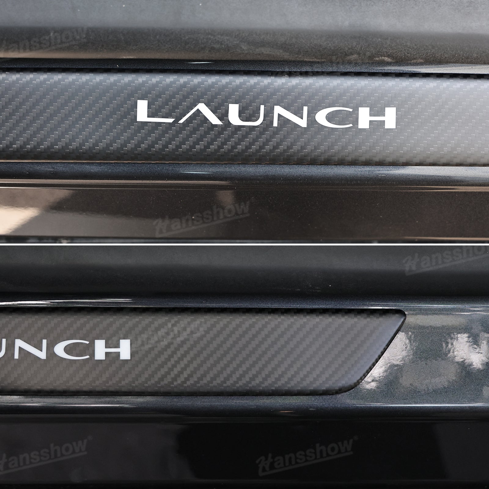Model Y Juniper Real Carbon Fiber Door Sills comparison with stock