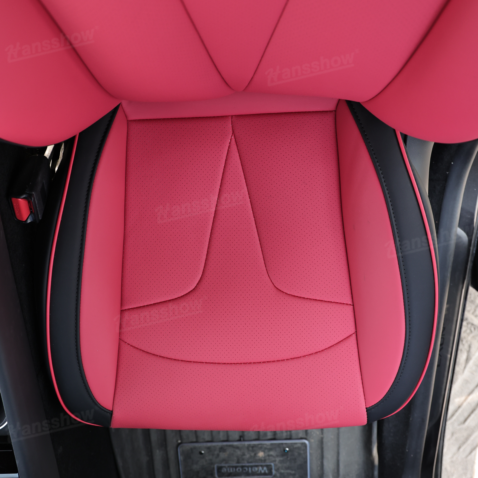 Model Y Juniper Upgrade Seat Covers with Bold 'T' Emblem - Before and After Comparison
