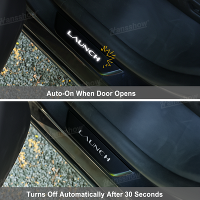Model Y Juniper LED Welcome Pedal Door Sill Protector With LAUNCH Letter - Installed View