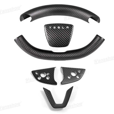 Model Y Juniper Real Carbon Fiber Steering Wheel Trim Kit close-up detail
