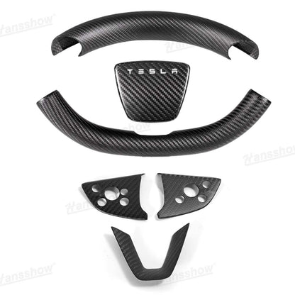 Model Y Juniper Real Carbon Fiber Steering Wheel Trim Kit close-up detail