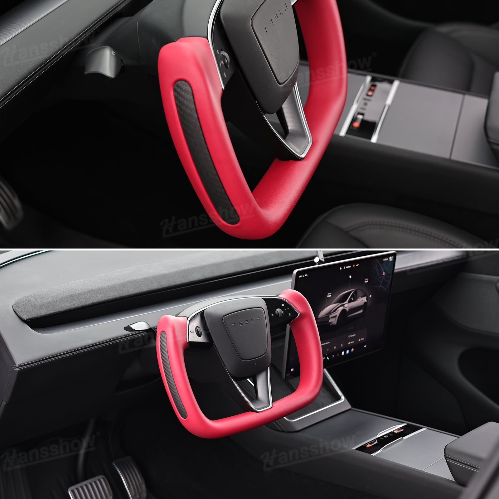 Close-up of steering controls on Model Y Juniper Yoke Steering Wheel