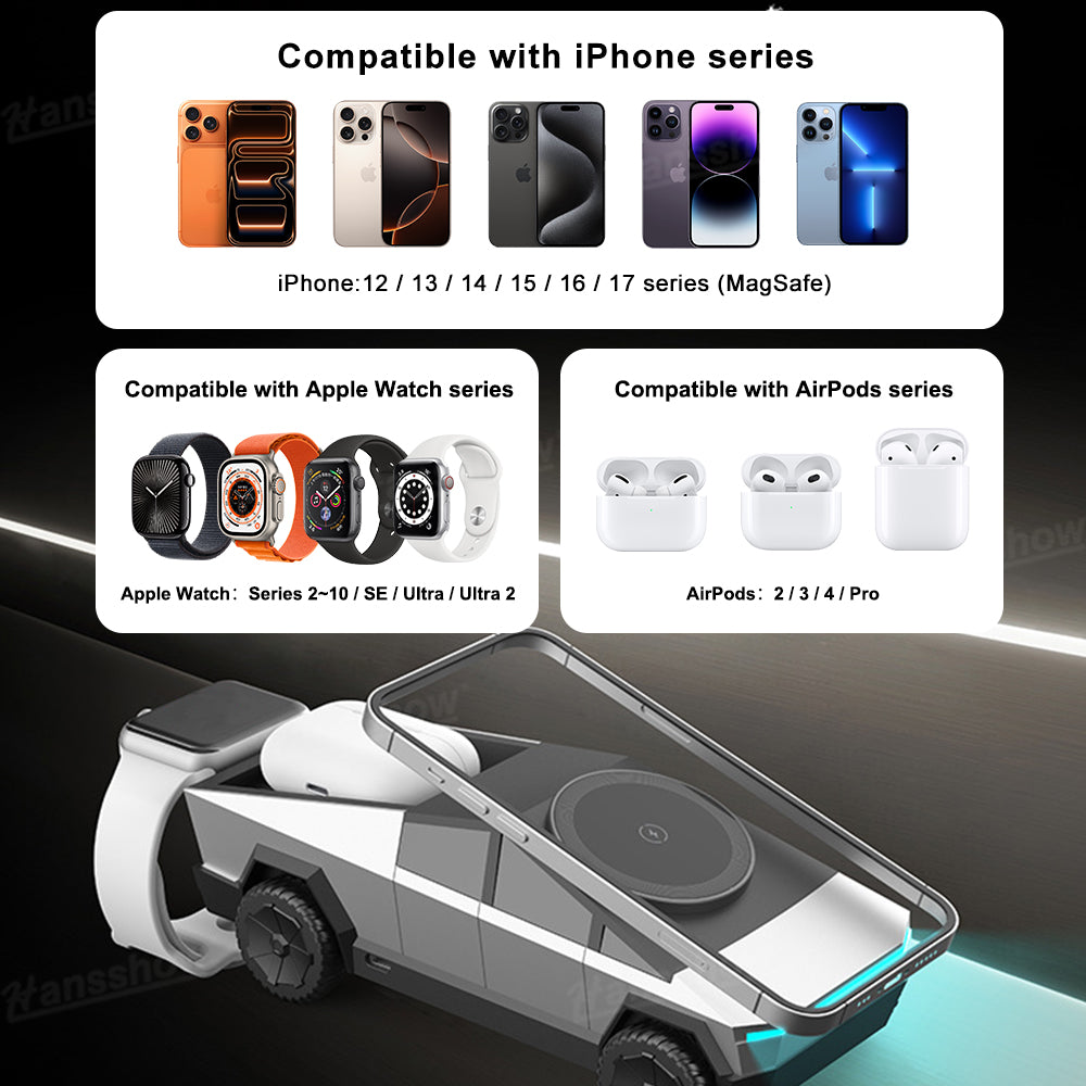 Cybertruck Style 3-In-1 Wireless Charging Station with iPhone charging