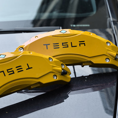 Model Y Juniper Wheel Brake Caliper Cover Set with Tesla Logo - In yellow color