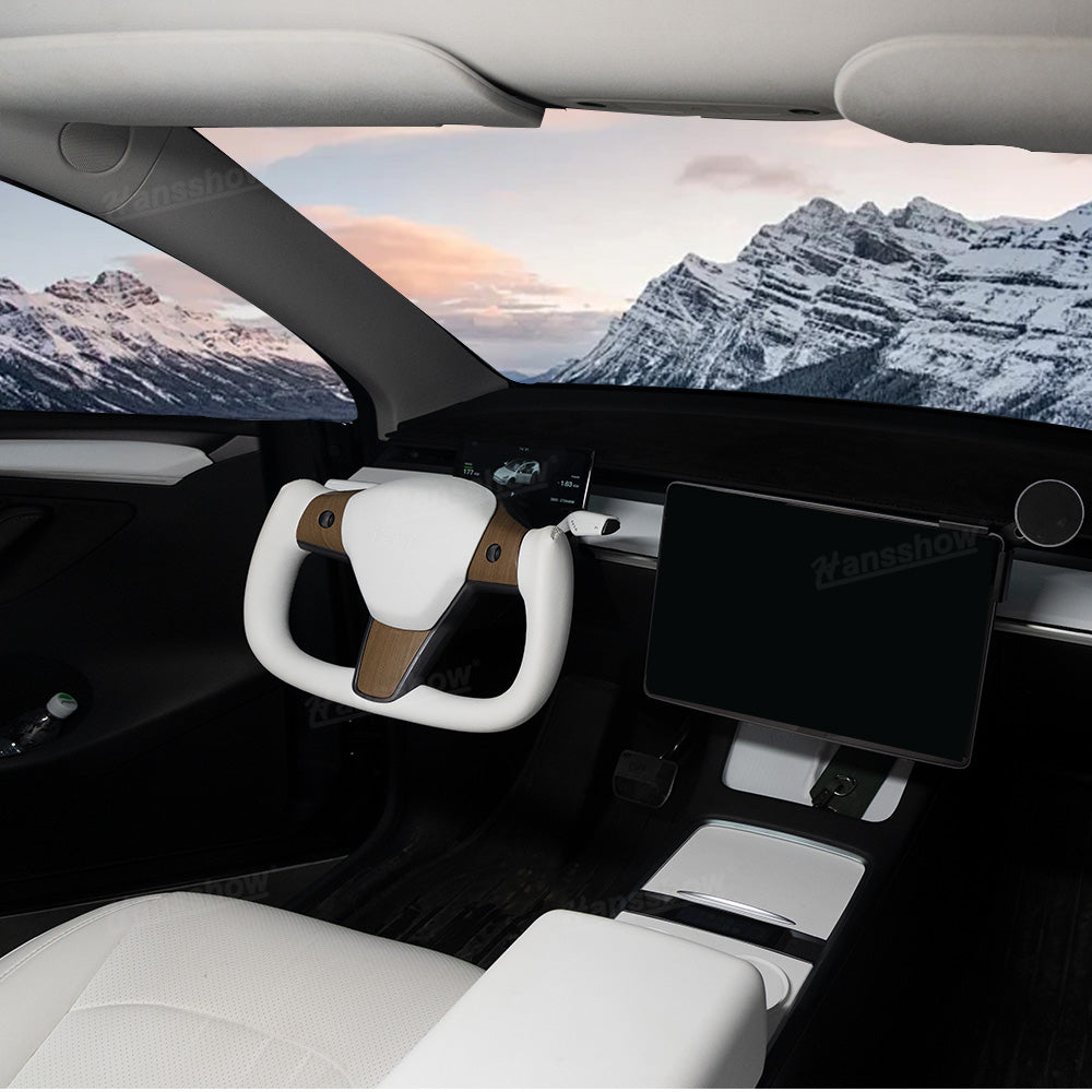 Tesla Model Y Yoke Steering Wheel In Wood Grain With Nappa - top view