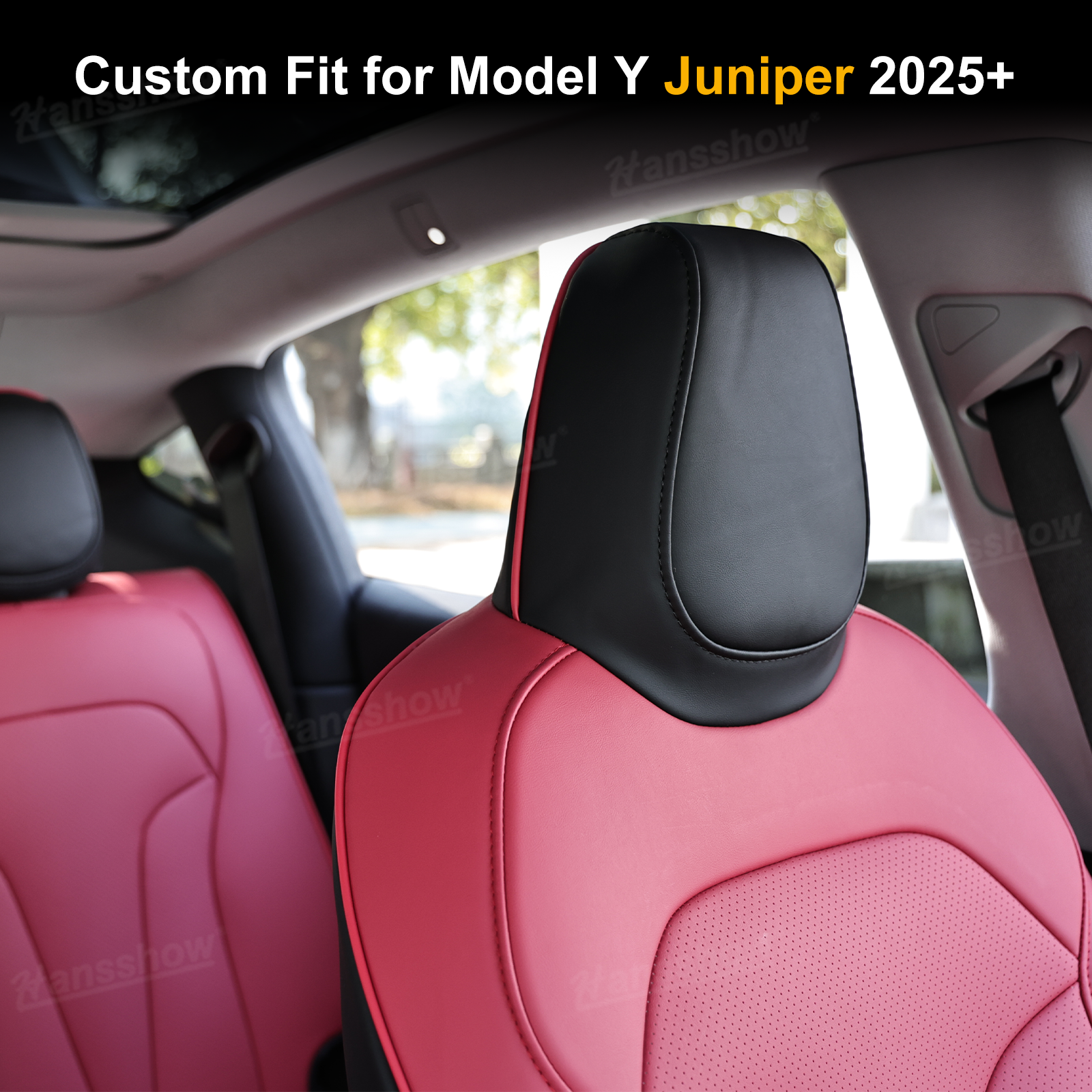 Model Y Juniper Upgrade Seat Covers with Bold 'T' Emblem - Close-up of Stitching