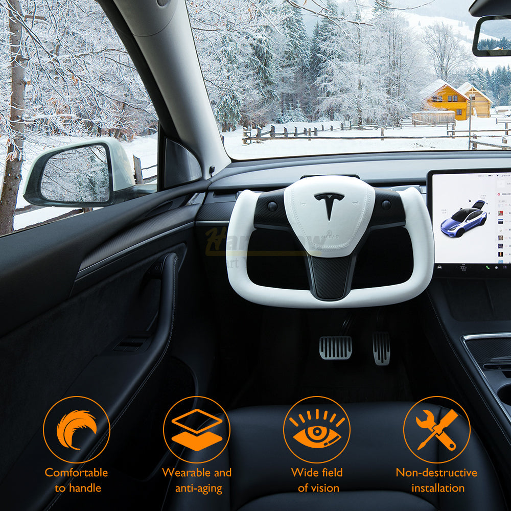 Model 3/Y Yoke Style Carbon Fiber Steering Wheel Ellipse Nappa Leather...