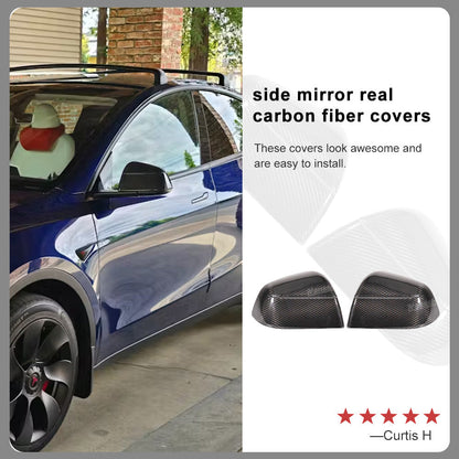 Tesla Model Y Side Mirror Covers Real Carbon Fiber Overlays - Factory-Like Appearance