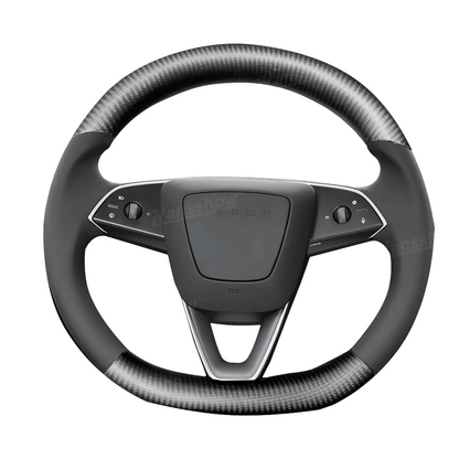 Model Y Juniper Steering Wheel Upper & Lower Carbon Fiber Left & Right Leather - Close-Up of Carbon Fiber