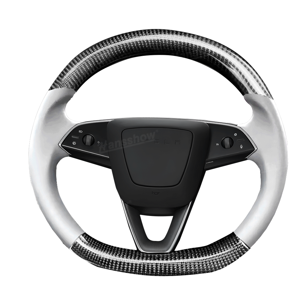 Model Y Juniper Steering Wheel Upper & Lower Carbon Fiber Left & Right Leather - Black Perforated Leather