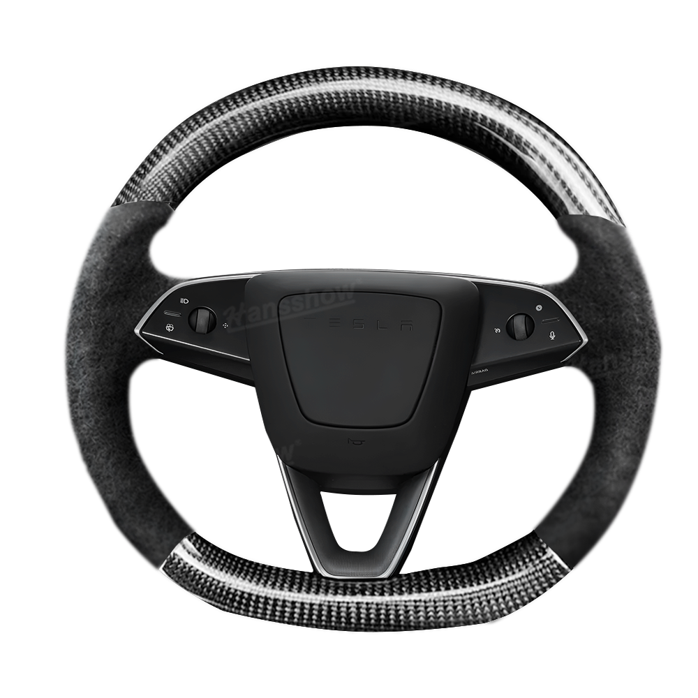 Model Y Juniper Steering Wheel Upper & Lower Carbon Fiber Left & Right Leather - Installed in Tesla Model Y