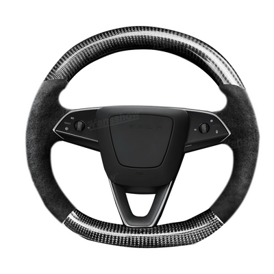 Model Y Juniper Steering Wheel Upper & Lower Carbon Fiber Left & Right Leather - Installed in Tesla Model Y