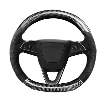 Model Y Juniper Steering Wheel Upper & Lower Carbon Fiber Left & Right Leather - Installed in Tesla Model Y