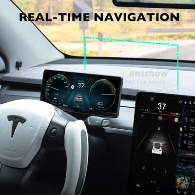 Model 3, Y Center Console Dashboard Touch Screen (Linux 9.0'') for Tesla Model Y - Angle with steering wheel