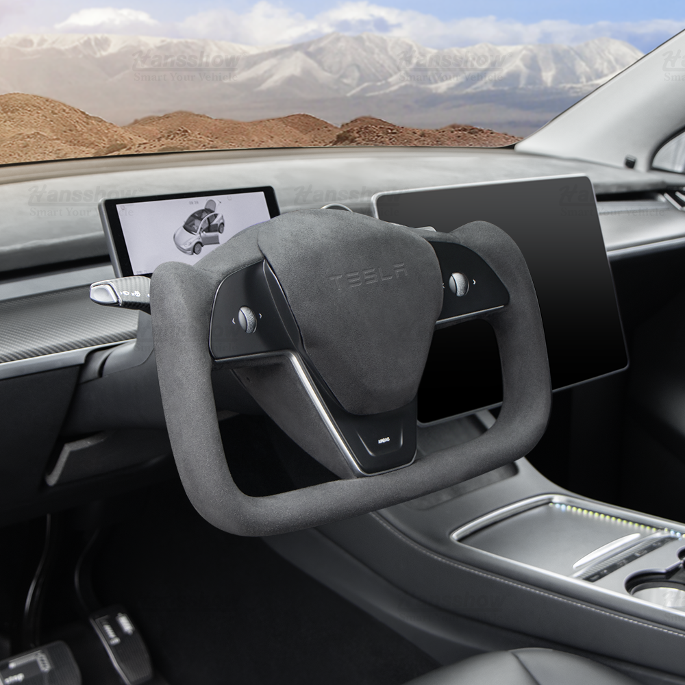 Tesla Model 3/Y Alcantara Black Yoke Steering Wheel top view