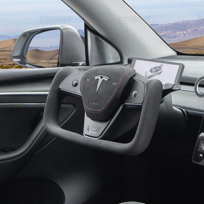 Tesla Model 3/Y Alcantara Black Yoke Steering Wheel close-up detail