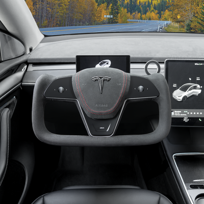 Tesla Model 3/Y Alcantara Black Yoke Steering Wheel side angle