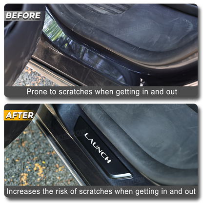 Model Y Juniper LED Welcome Pedal Door Sill Protector With LAUNCH Letter - Close-up of LED