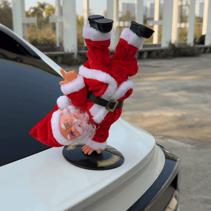 Breakdance Santa Claus in Tesla Model Y trunk view