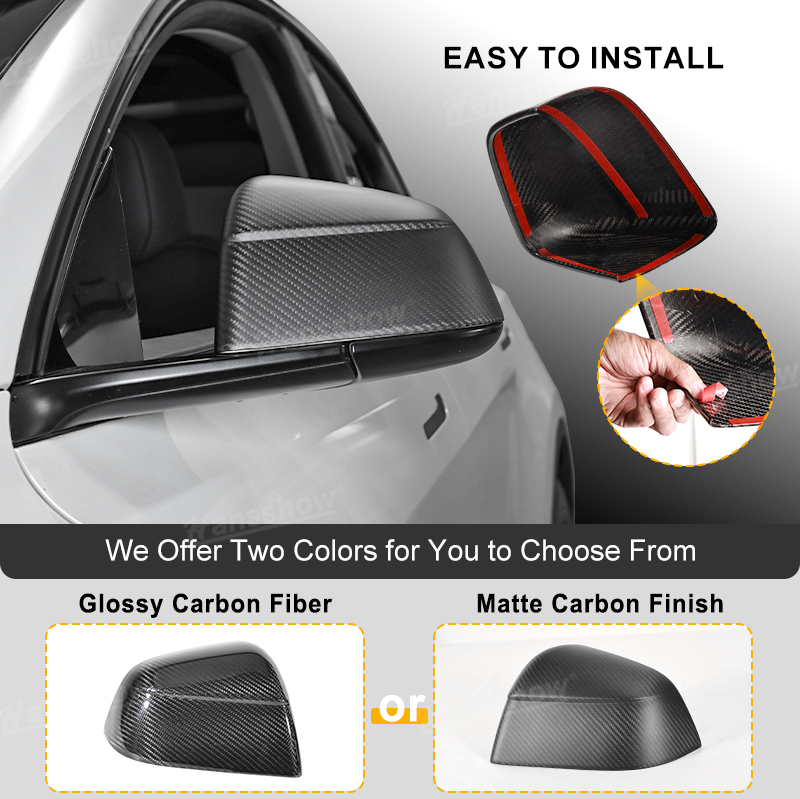Tesla Model Y Side Mirror Covers Real Carbon Fiber Overlays - Installed View