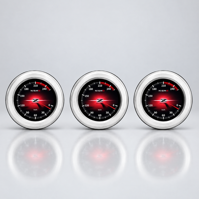 Nissan 370Z digital triple gauges, three round touchscreen gauge pods