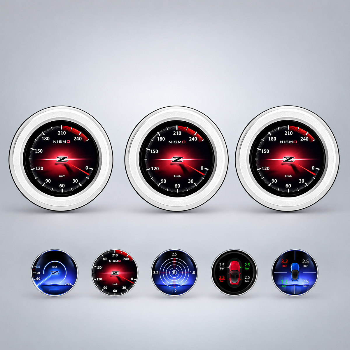 370Z digital gauge faces: speed, tire pressure and G-force displays