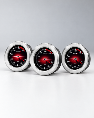 370Z digital gauges at an angle showing the brushed bezels