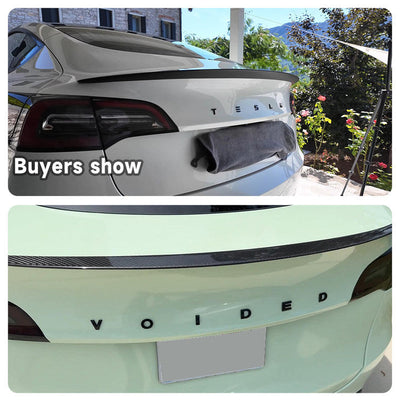 Model 3/Y Real Carbon Fiber Rear Trunk Lip Spoiler on Tesla Model Y in sunlight