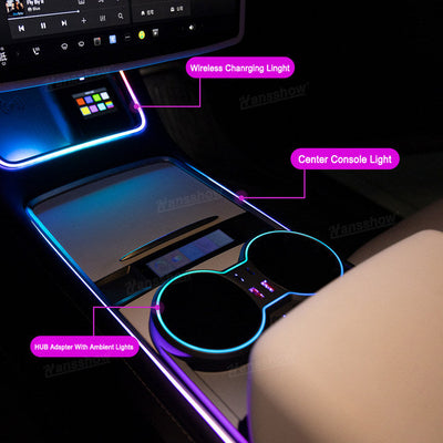 Model Y/3 Center Console Ambient Light with Cup Holder HUB Adapter - cup holder functionality