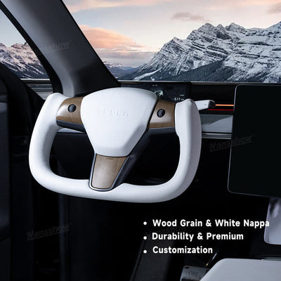 Tesla Model Y Yoke Steering Wheel In Wood Grain With Nappa - Nappa leather detail
