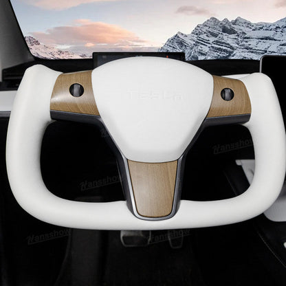 Tesla Model Y Yoke Steering Wheel In Wood Grain With Nappa - side angle