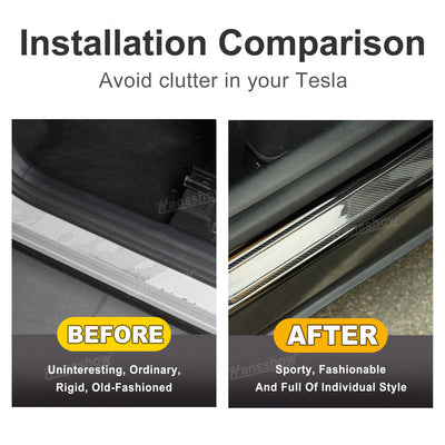 Close-up of Tesla Model Y/3 Carbon Fiber Door Sill Covers