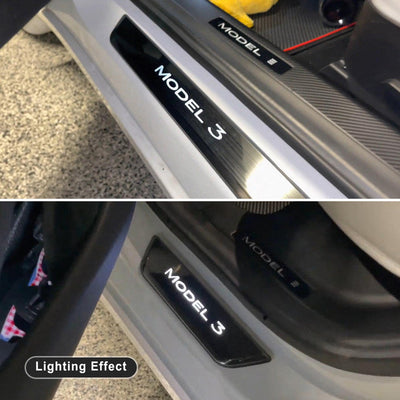 Model 3/Y LED illuminated Welcome Pedal Door Sill Protector for Tesla Model Y - close-up of LED