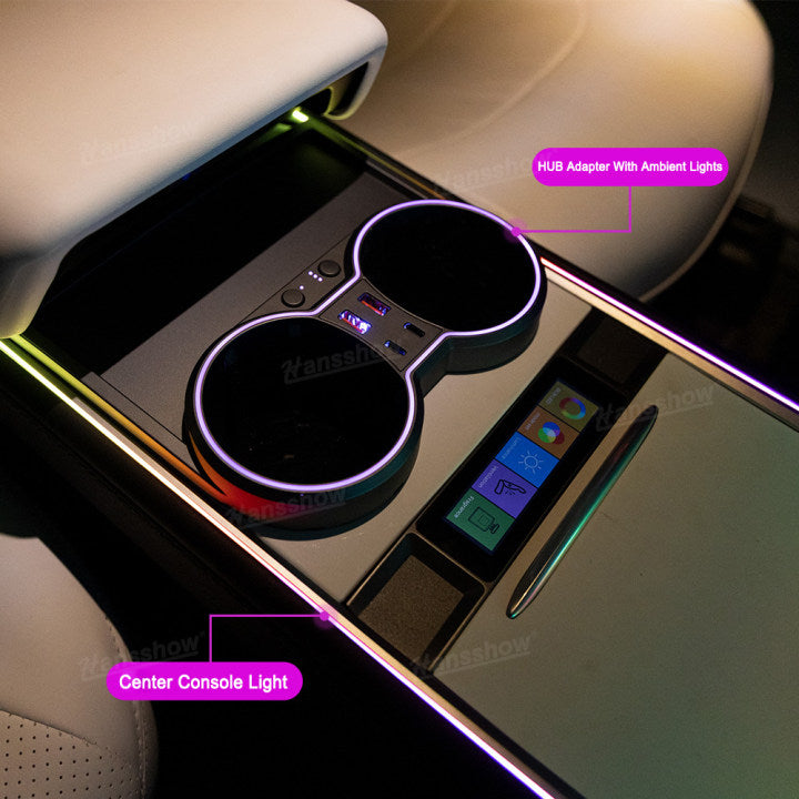 Model Y/3 Center Console Ambient Light with Cup Holder HUB Adapter - close-up of USB ports