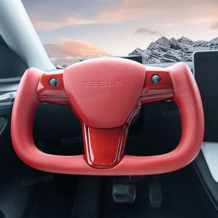 Model Y/3 Red Yoke Steering Wheel in real carbon fiber top view