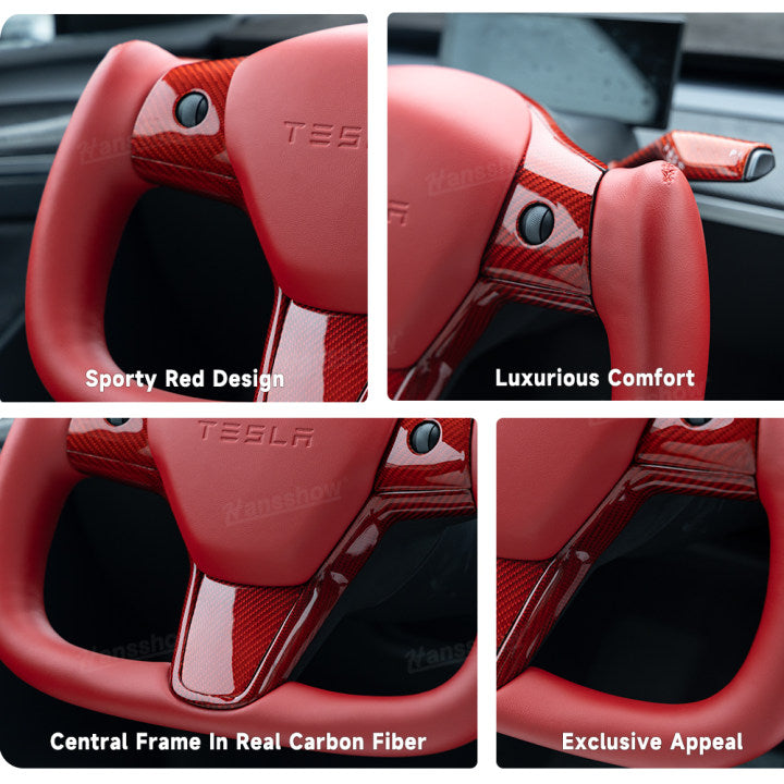 Model Y/3 Red Yoke Steering Wheel in real carbon fiber detail shot