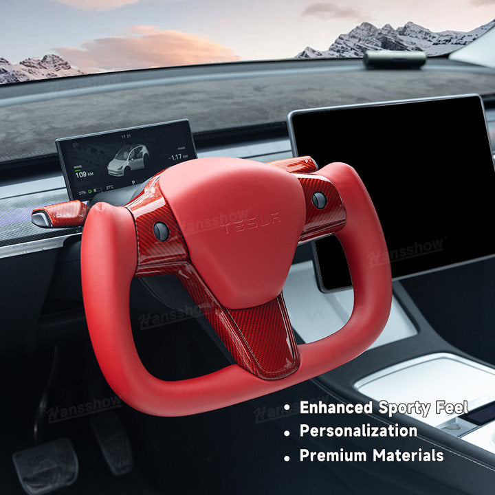 Model Y/3 Red Yoke Steering Wheel in real carbon fiber installed