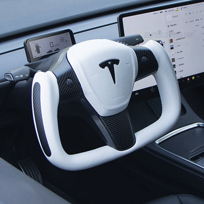 Model 3/Y Yoke Style Carbon Fiber Steering Wheel Ellipse Nappa Leather...