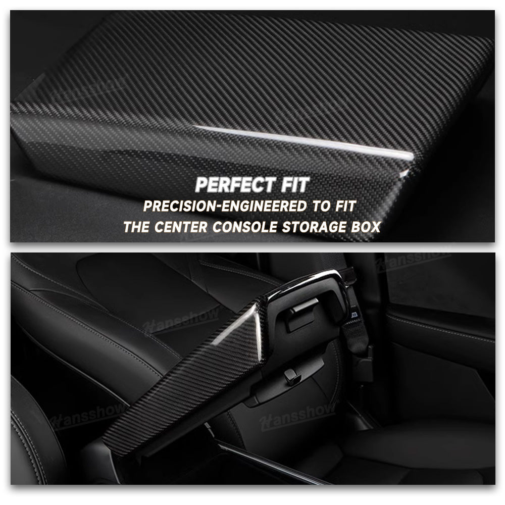 Model Y/3 Armrest Box Cover Real Carbon Fiber Installed View