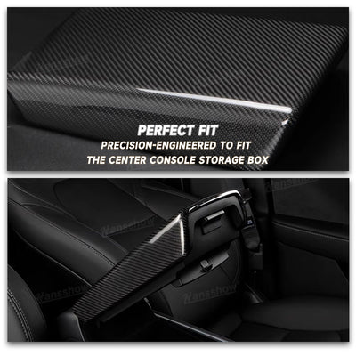 Model Y/3 Armrest Box Cover Real Carbon Fiber Installed View