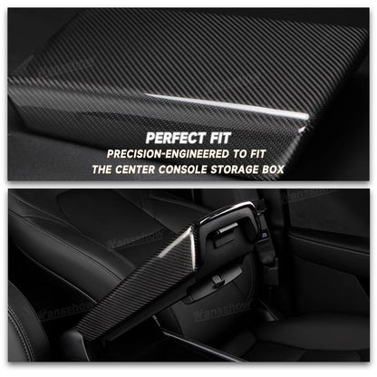 Model Y/3 Armrest Box Cover Real Carbon Fiber Installed View