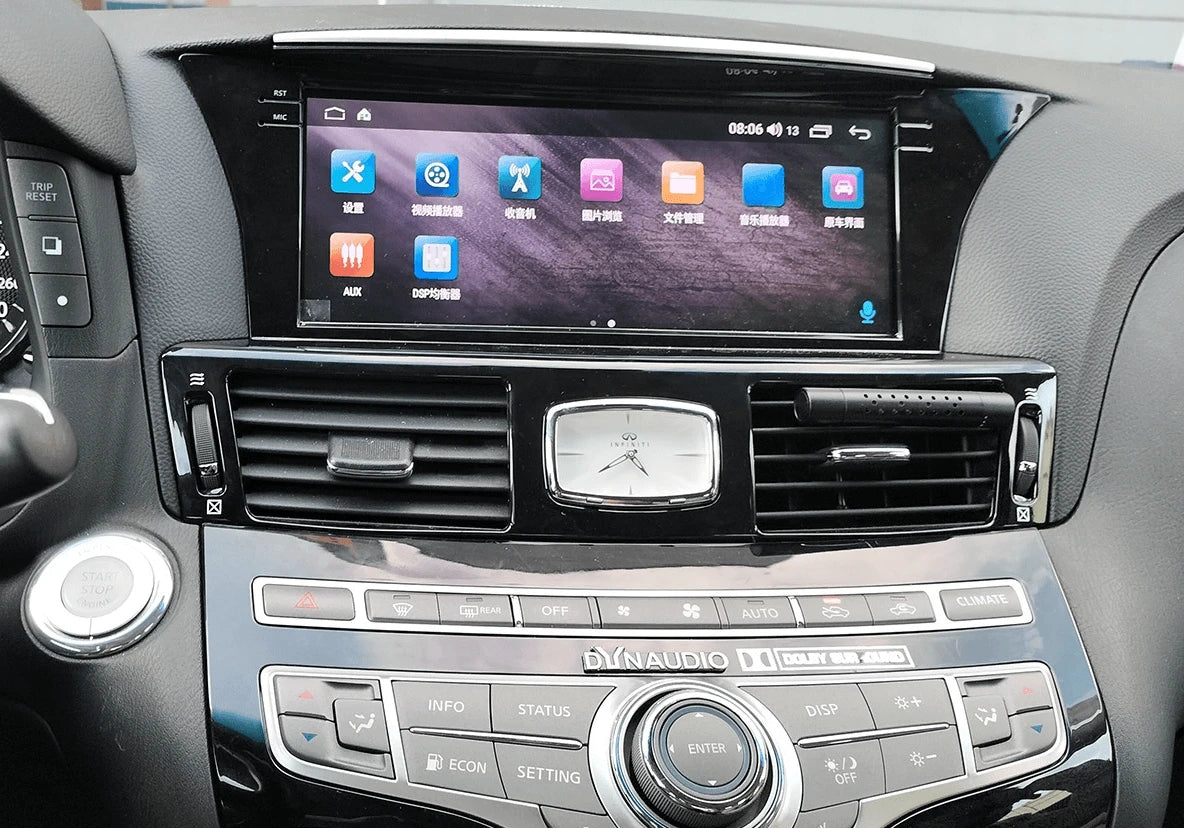 SquareWheels G-Series 10.25-inch Android head unit installed in an Infiniti Q70 dashboard
