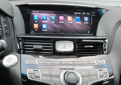 SquareWheels G-Series 10.25-inch Android head unit installed in an Infiniti Q70 dashboard