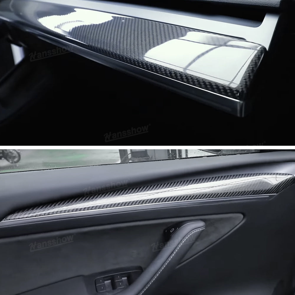 Real Carbon Fiber Dashboard Cover Front Door Trim Panel Caps for Model 3/Y - before and after