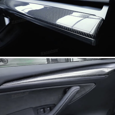 Real Carbon Fiber Dashboard Cover Front Door Trim Panel Caps for Model 3/Y - before and after